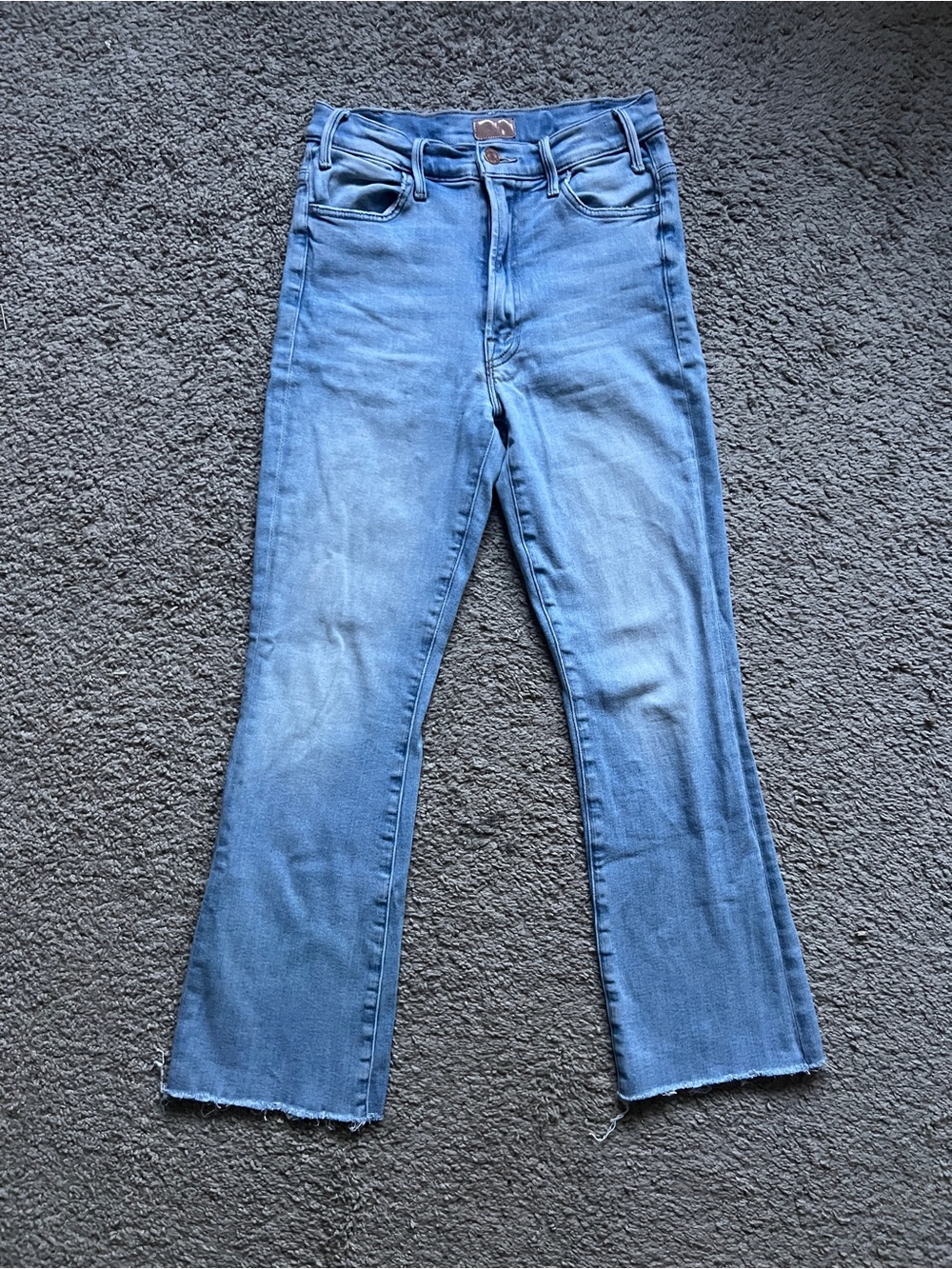 $228 mother blue denim the hustler ankle gray straight leg jeans size 26